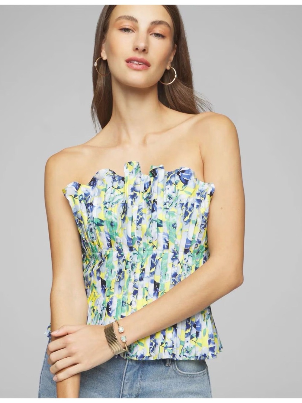 White House Black Market Strapless Floral Peplum Top in Yellow, Blue & Green
